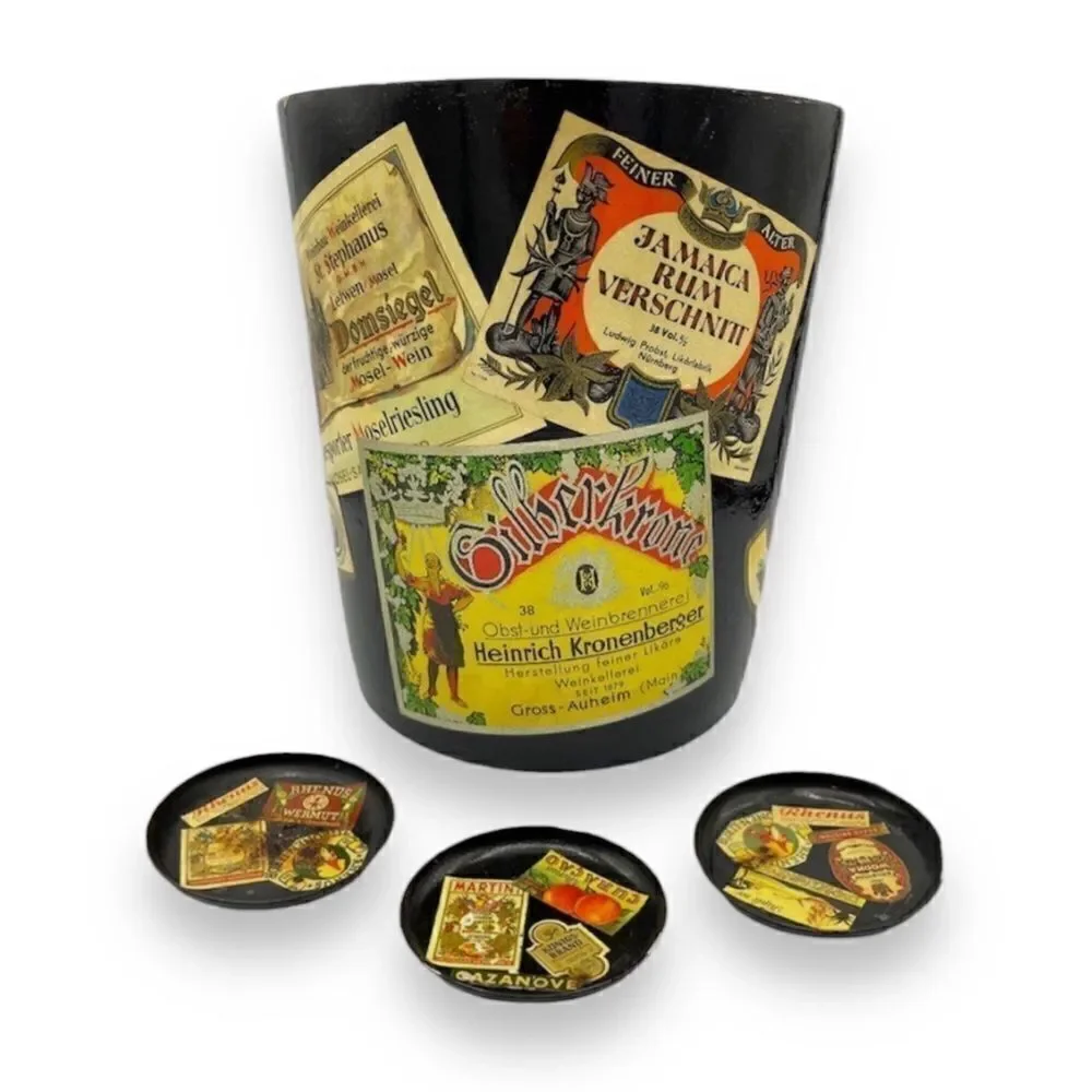MidCentury W German Alcohol Label Decoupage Enameled Champagne Bucket & Coasters